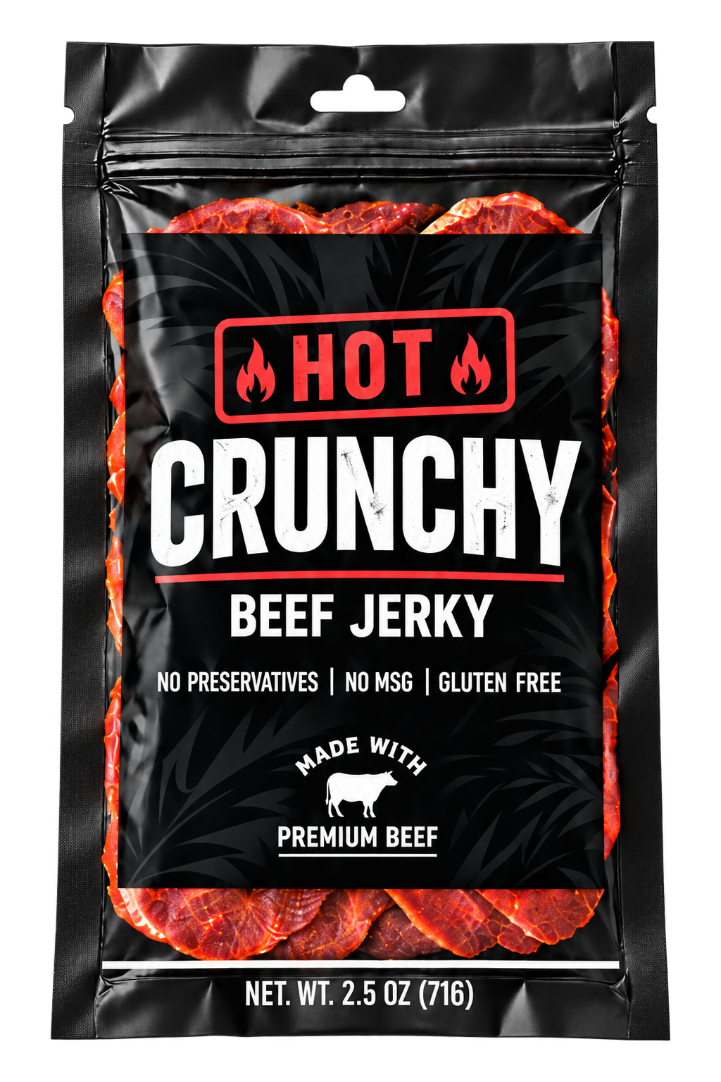 A bag of Hot Crunchy beef jerky from the sample pack.