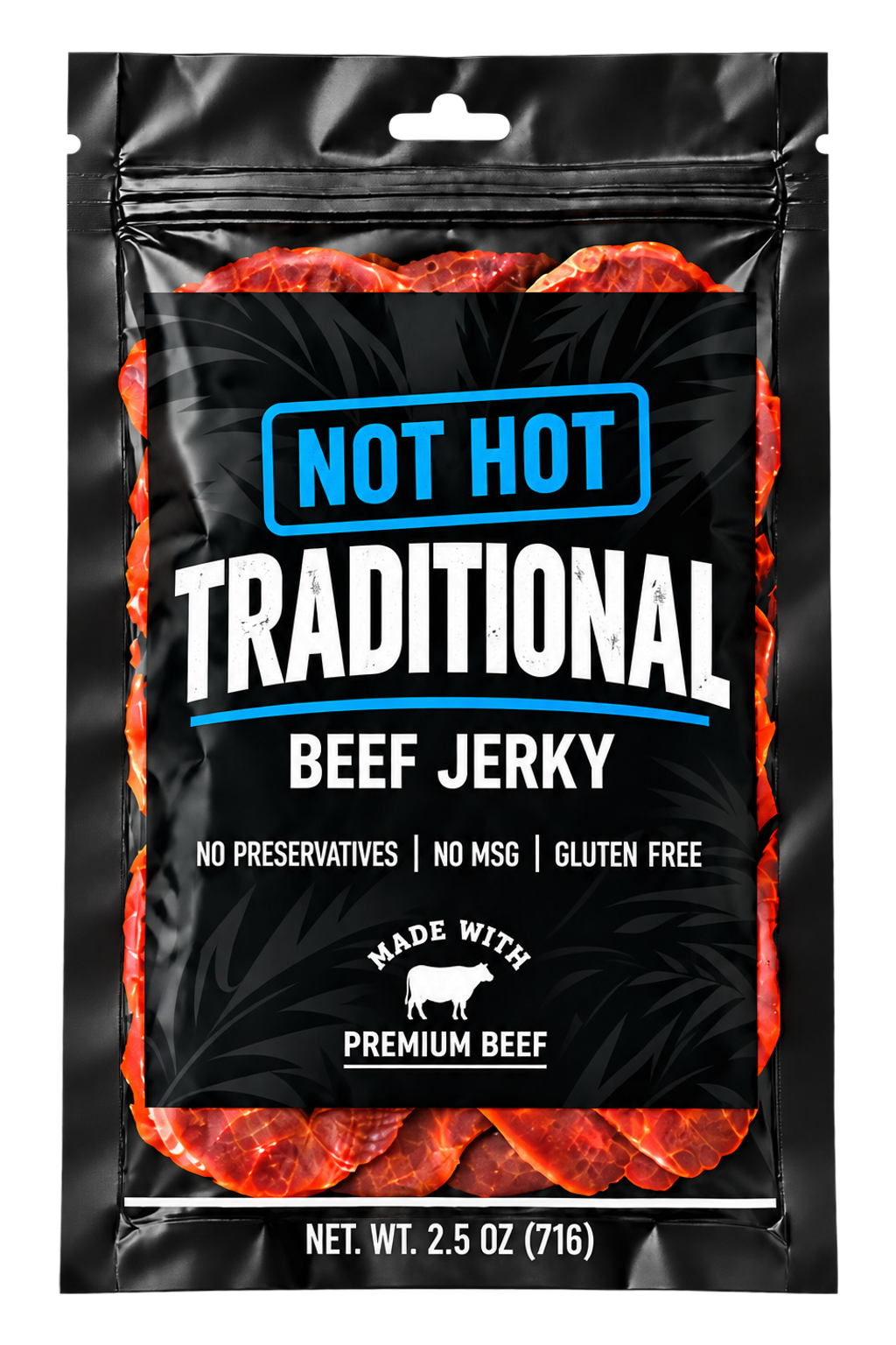 A bag of Not Hot Traditional beef jerky from the sample pack.